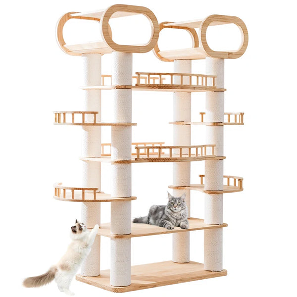 84 inch Height Large Solid Wood Cat Tower with Jute Rope Scratching Poles | Multi-level Tall Cat Tree for Indoor Adult Cats